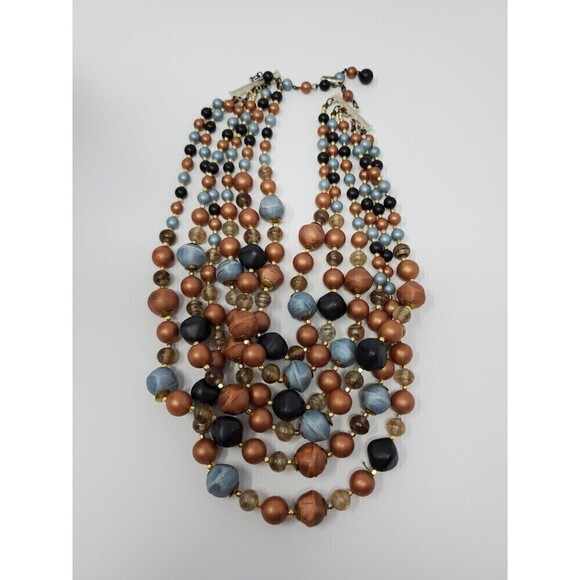 VINTAGE JAPAN SIX STRAND BEADED NECKLACE COPPER BRONZE BROWN BLUE HOOK CLOSURE - Picture 8 of 12